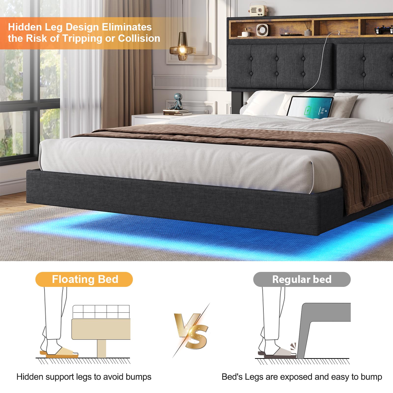 Modern DICTAC Queen Floating Bed Frame with LED Lights and Storage Headboard - WoodArtSupply