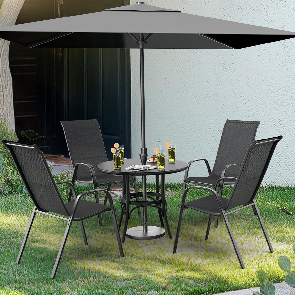 VINGLI Patio Chairs Set of 4 – Stackable Outdoor Dining Chairs with Comfortable Sling High Back Chairs and Armrests for Lawn, Poolside, Courtyard, Balcony, Garden, Black VINGLI