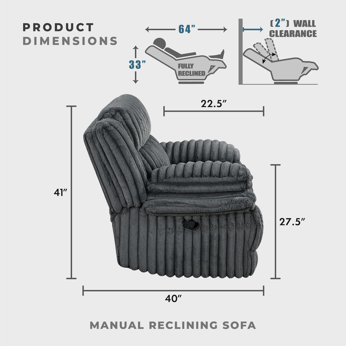Lexicon Manual Double Reclining Sofa, Corduroy Manual Wall Hugger Recliner Couch, Pillow Top Arms, Plush Foam Cushions Over Pocket Coils, Cozy Reclining Sofa for Living Room, Dark Gray Lexicon
