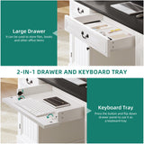 YITAHOME Executive Desk with Power Outlets, 59" Farmhouse Computer Desk with Drawers, Wood Office Desk with Storage Cabinet, Keyboard Tray, Workstation for Home Office, Black & Off White YITAHOME