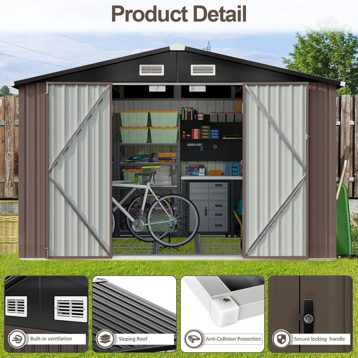Aoxun 9.4x7.3x6.5 FT Outdoor Metal Storage Shed with Lockable Door- Ideal for Tools, Garden Equipment & Bikes, Includes Base, Perfect for Patio Placement Aoxun