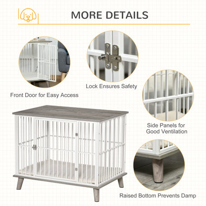 PawHut Dog Crate Furniture, Wooden End Table with Cushion & Lockable Door, Medium Size Pet Crate Indoor Puppy Cage, Grey - WoodArtSupply