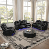 JBXBER Power Recliner Sofa Set with LED Lights, Power Reclining Sofa Set with Cup Holder, Storage Console, Faux Leather Couch for Home Theater Seating(Sofa, Loveseat and Chair,Black) JBXBER