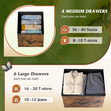 WLIVE Fabric Dresser for Bedroom, Storage Drawer Unit,Dresser with 10 Deep Drawers for Office, College Dorm, Black and Rustic Brown WLIVE