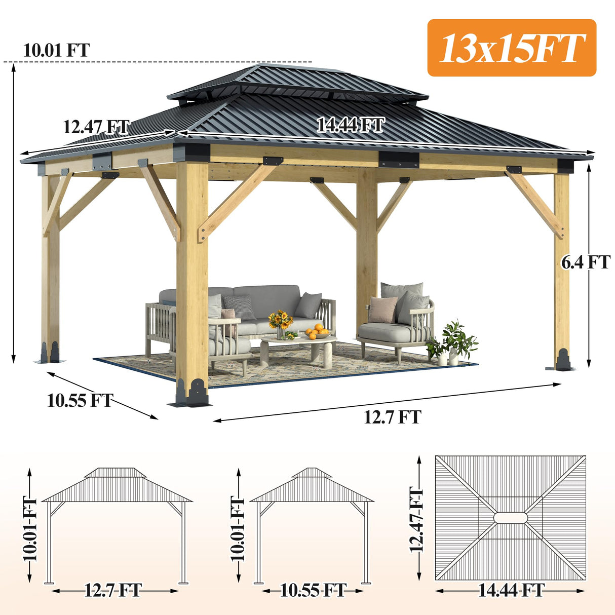 13’x15’ Outdoor Wooden Gazebo - Patio Galvanized Steel Gazebos with Double Vented Roof, Heavy-Duty Cedar Wood Gazebo for Garden, Lawn, Poolside, Backyard Deck GARTOO