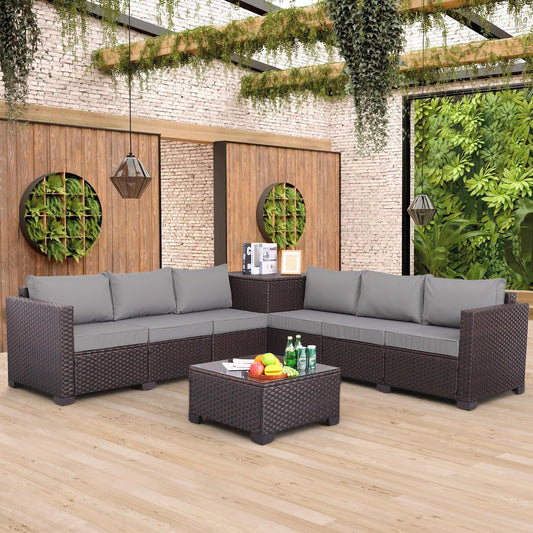 WAROOM 6 Pieces Patio Furniture Set PE Wicker Outdoor Brown Rattan Sectional Sofa Loveseat Couch Conversation Sets with Storage Bin Coffee Table, Anti-Slip Grey Cushion - WoodArtSupply