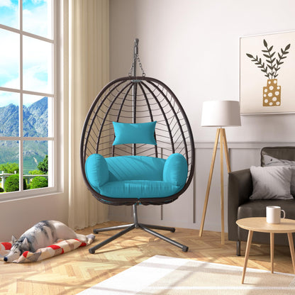 Piltwoff Hanging Egg Chair with Stand, Indoor Outdoor Wicker Rattan Egg Swing Chair with Cushion Headrest, Hammock Chair 350lbs Capacity for Bedroom Patio Porch Garden Balcony(Blue)