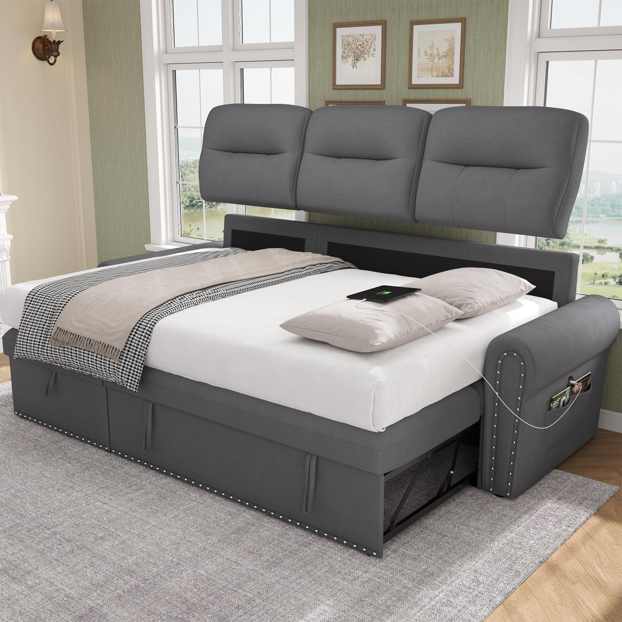 Sleeper Sofa Bed, 87'' Sectional Couch with Reversible Storage Chaise & Nailhead Armrest, Pull Out Couches for Living Room, Side Pocket & Charging Station, Removable Backrest, Velvet Fabric, Dark Grey Keyluv