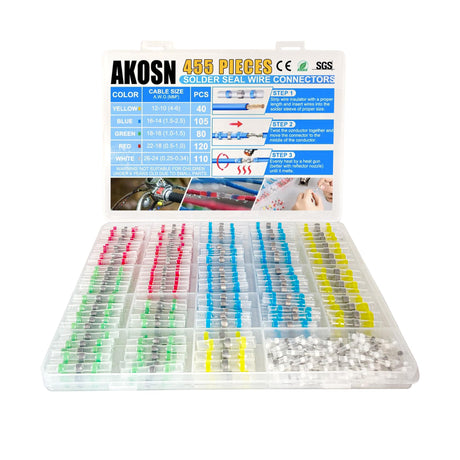 455 PCS Heat Shrink Self Soldering Butt Connector, Solder Seal Wire Connectors Kit, Waterproof Wire Solder Stick Splice Connector for Marine Electrical Automotive (5 Colors/5 Sizes/ 26-10 Gauge) AKOSN