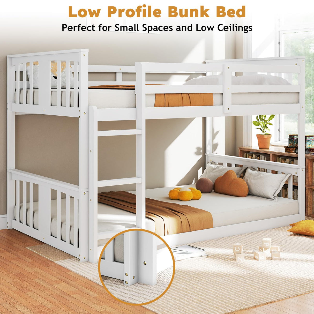 Zevemomo Wooden Low Bunk Bed Twin Over Twin, Solid Pine Bed Frame with Built-in Ladder, Convertible Bed Frame That Separates into 2 Twin Beds, Floor Bunk Bed for Small Spaces, Bedroom, White Zevemomo