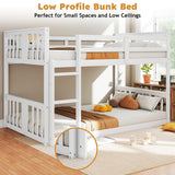Zevemomo Wooden Low Bunk Bed Twin Over Twin, Solid Pine Bed Frame with Built-in Ladder, Convertible Bed Frame That Separates into 2 Twin Beds, Floor Bunk Bed for Small Spaces, Bedroom, White Zevemomo