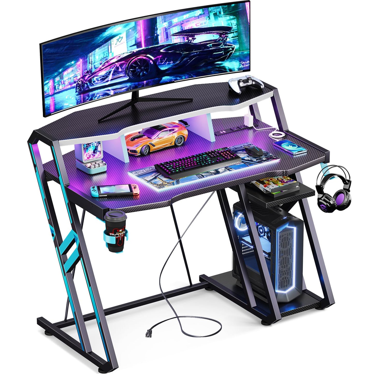 MOTPK Gaming Desk with Power Outlet & LED Lights, Gaming Computer Desk 39inch with PC Storage Shelf, Gaming Table with Carbon Fiber Texture, Gamer Desk, Gift for Boys Men, Black - WoodArtSupply