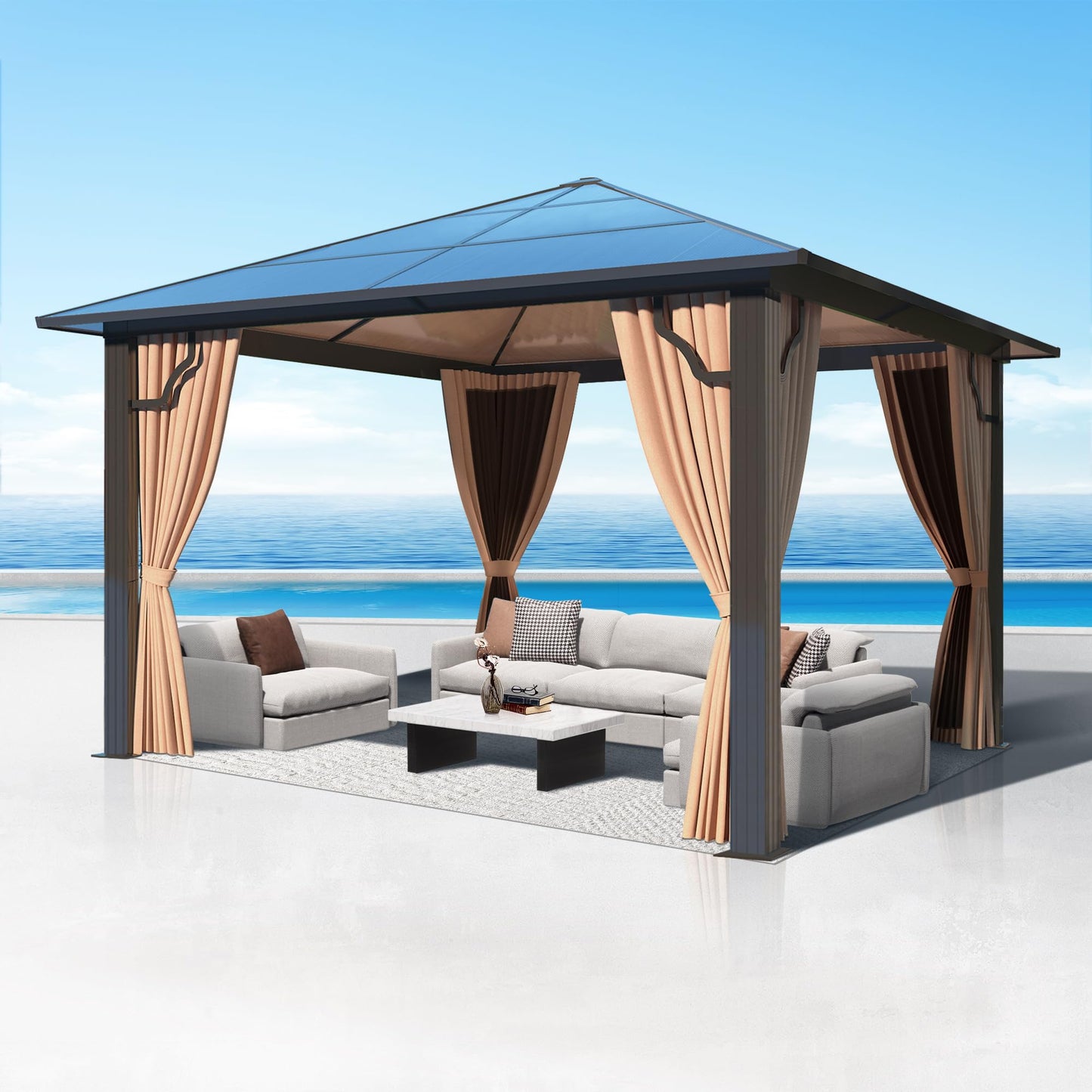 GARTOO 10' x 10' Polycarbonate Hardtop Gazebo - Sunroom Aluminum Frame Permanent Pavilion with Double Curtains for Garden, Lawn, Outdoor Party, Backyard Deck