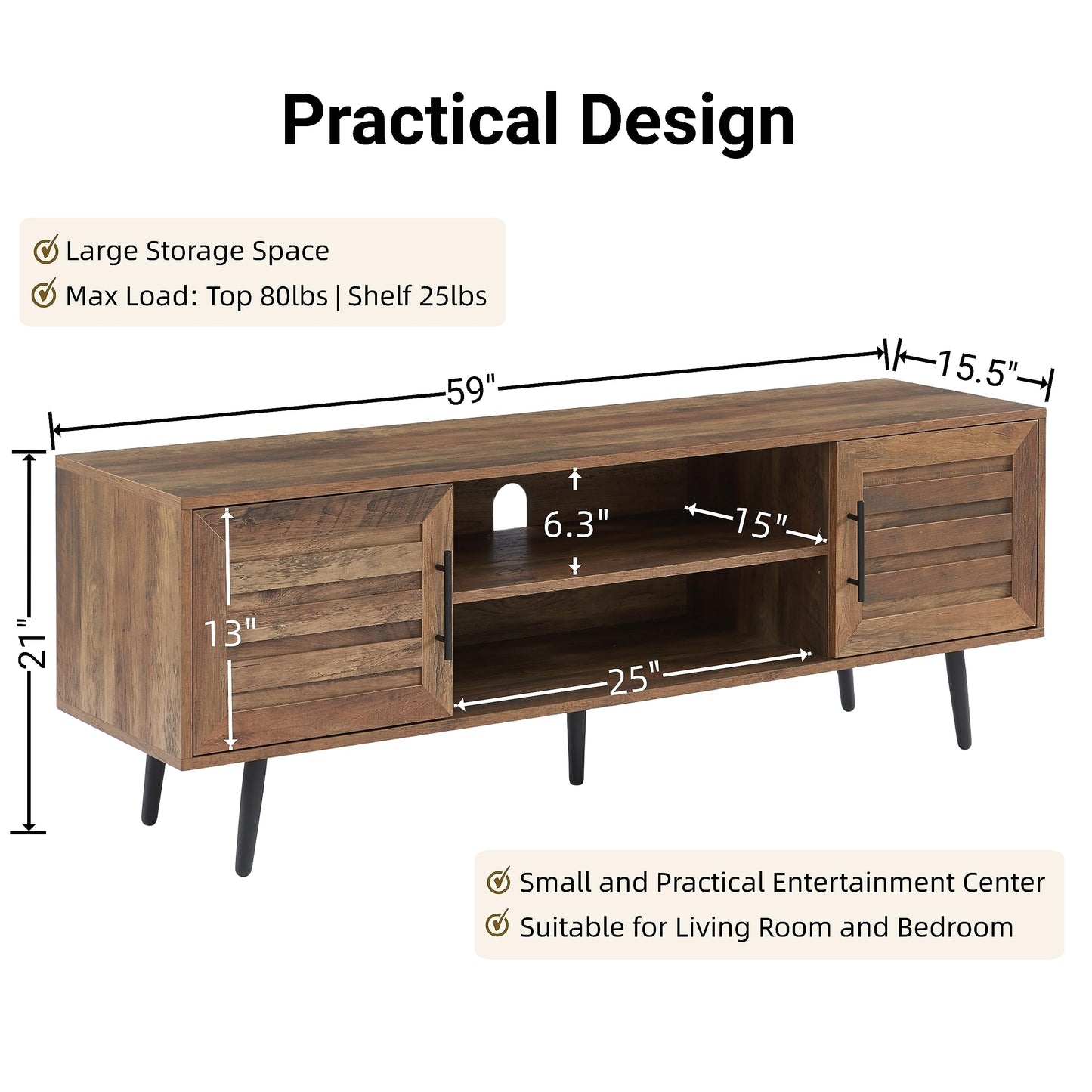 EDYO LIVING 65" Mid Century Modern TV Stand, Wood TV Stand with Storage Cabinet and Open Shelf for Televisions up to 65", Entertainment Center, TV Console Table for Living Room, Rustic Oak