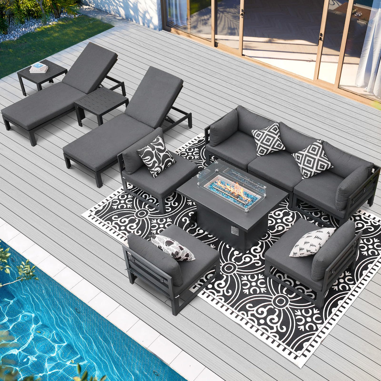 RADIATA Outdoor Aluminum Patio Furniture with Fire Pit Table, Modern Outdoor Patio Furniture Set 11 Pieces, Gray Frame Wide Seat Oversized Sectional Conversation Set for Poolside, Backyard, Grey RADIATA