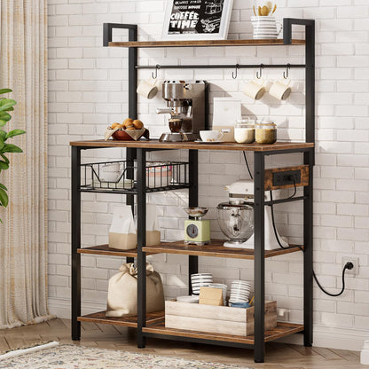 HOOBRO Bakers Rack with Power Outlet, 35.4 Inches Coffee Bar with Mesh Basket, Microwave Stand with 4 S-Shaped Hooks, Kitchen Bakers Rack with Storage, Easy to Assemble, Rustic Brown BF05HB01