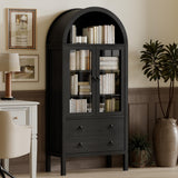 71'' Tall Arched Cabinet - Wood Kitchen Pantry, Farmhouse Arch Display Bookcase Hutch with 2 Large Drawers & Adjustable Shelves, Versatile Storage Furniture for Living Room Dining Room Bathroom, Black MECHYIN