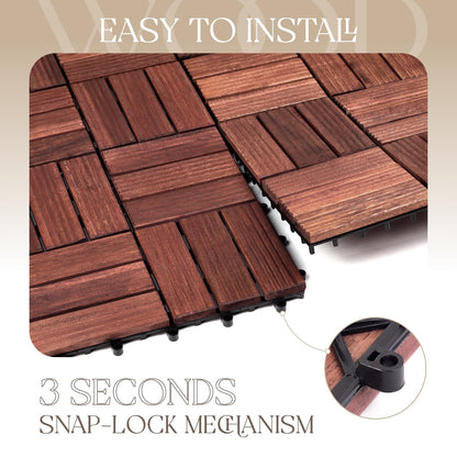 TimberWave Pack of 10 Deck Tiles, Solid Acacia Wood Floor Tiles, Patio Tiles Outdoor Interlocking Waterproof All Weather, with Grooves Decrease Skidding (10, Dark Brown, 12" x 12" - 12 Slat) - WoodArtSupply