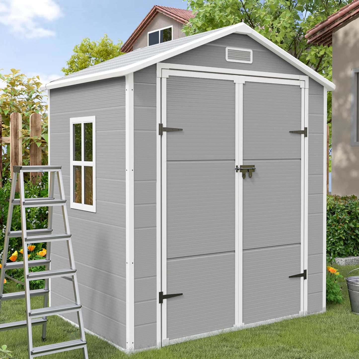 UDPATIO Outdoor Resin Storage Shed 6x4.5 FT, Plastic Garden Shed for Bike, Garbage Can, Tool, Outside Sheds & Outdoor Storage Storage Box with Lockable Door for Backyard, Patio, Lawn, Grey &  - WoodArtSupply