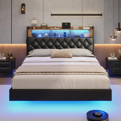 ADORNEVE Queen Floating Bed Frame with RGB LED Lights Headboard, Outlets and USB Ports, PU Leather Upholstered Platform Bed with Storage