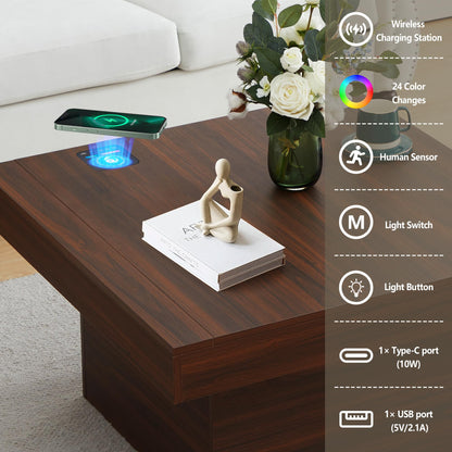 NVETHM Coffee Table, Square Coffee Table with LED Light Strip and Charging Station, Wooden Coffee Table for Living Room, Reception Room and Office (Walnut) - WoodArtSupply