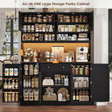 HIFIT 72.8” Tall Kitchen Pantry Cabinet with LED & Charging Station, 55” Wide Farmhouse Pantry Storage Cabinet with Microwave Stand&Shelves&Barn Doors, Black Kitchen Hutch Coffee Bar for Living Room HIFIT