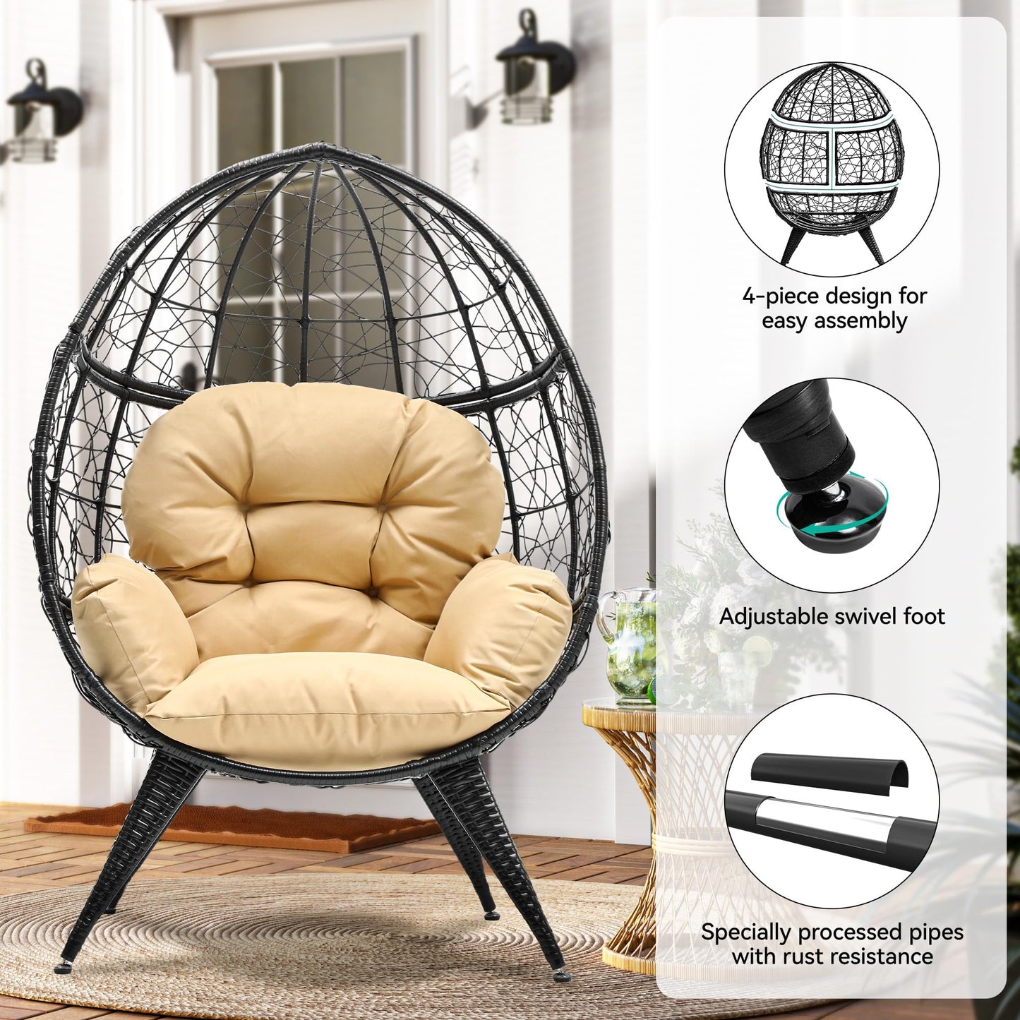 YITAHOME Oversized Wicker Egg Chair for Indoor and Outdoor Use with Stand, Cushion, and Leveling Feet, Large Lounger for Patio, Garden, Backyard, Balcony, Supports up to 330lbs, Beige