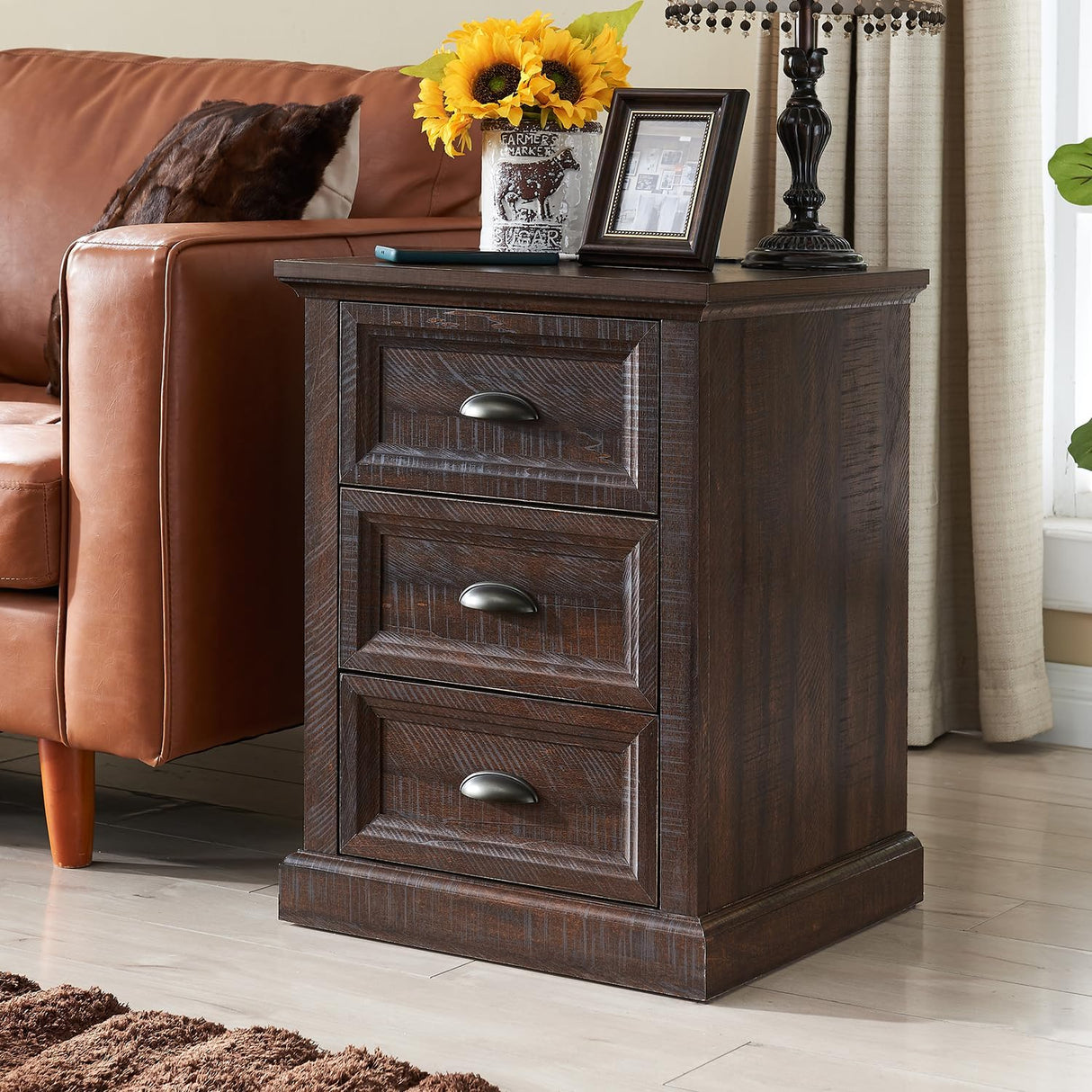 IFGET Farmhouse Nightstand with Charging Station, 3 Drawer Dresser for Bedroom, Rustic Wood Bedside Table with Drawers, Small End Table Side Table for Living Room, Closet, Hallway, Brown IFGET