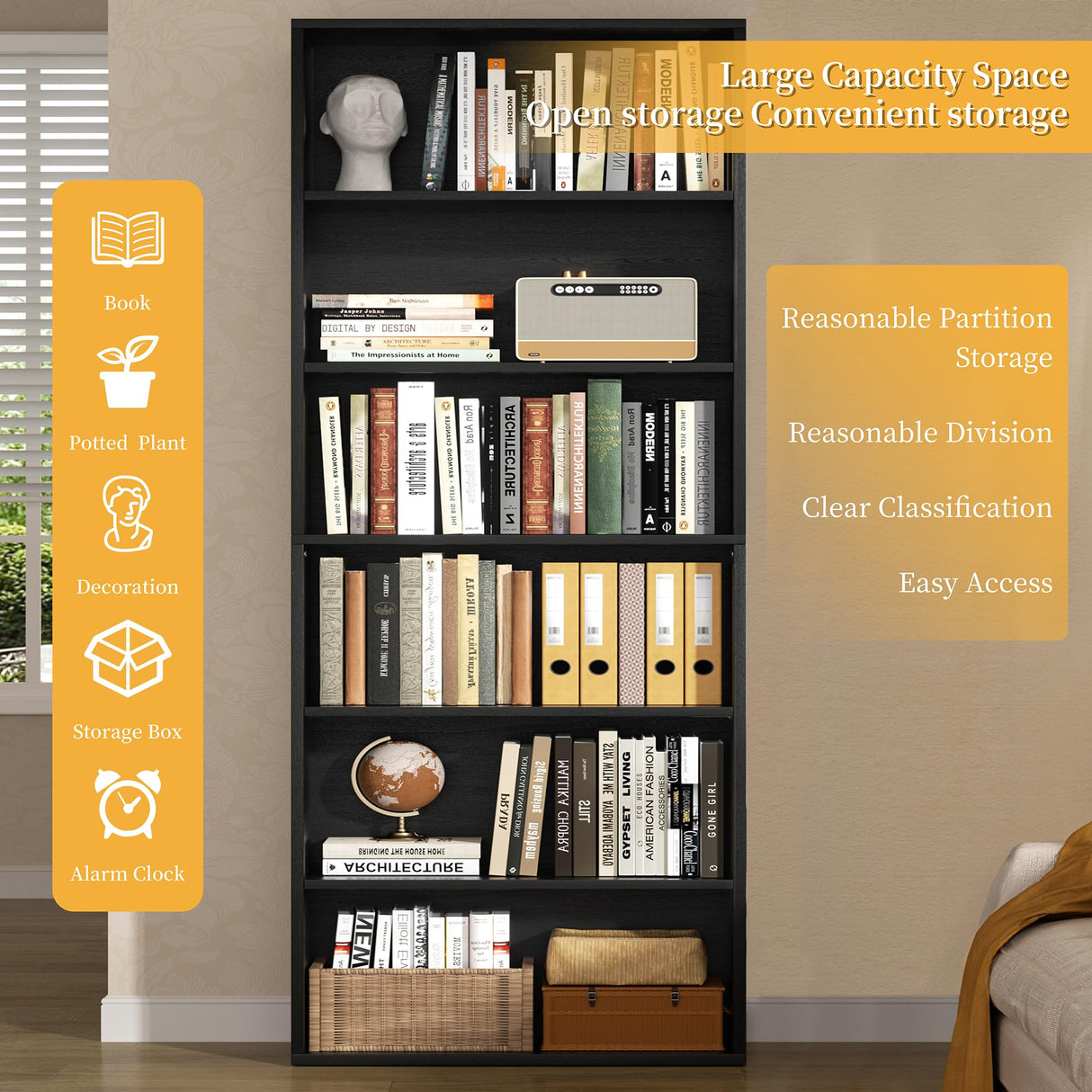 Shintenchi Bookshelf,6-Tier Open Bookcase and Bookshelves,6 Shelf Display Storage Shelves Floor Standing 70.6 inches Tall Bookcase for Home Office, Living Room (Black) Shintenchi