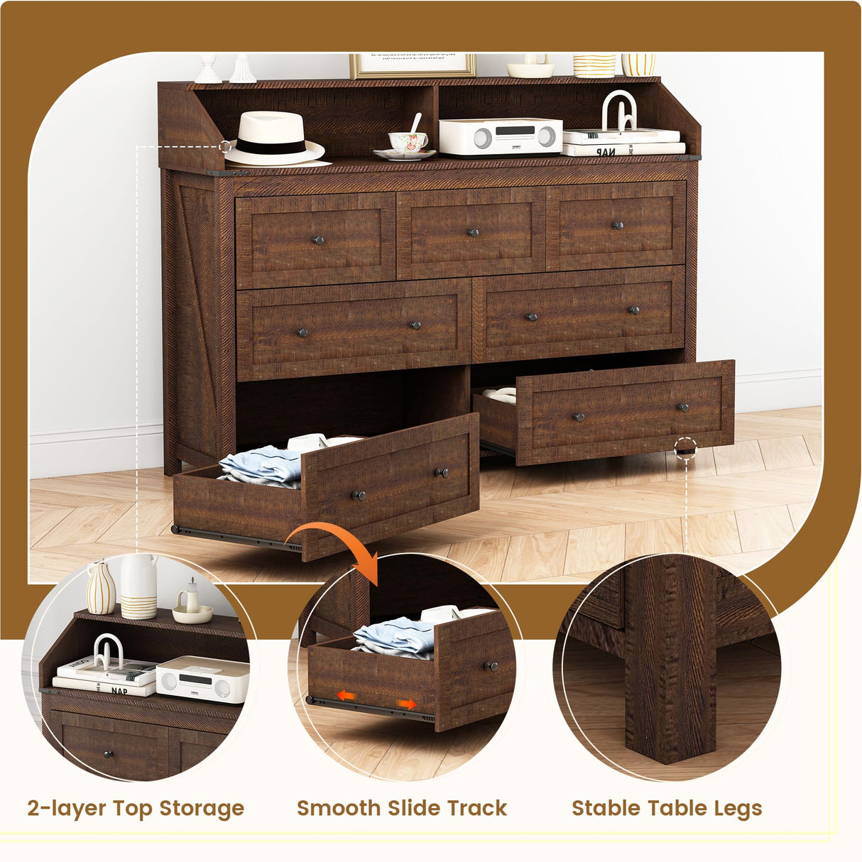 GlouMod Farmhouse 7-Drawer Dresser Chests for Bedroom, LED Dresser with Charging Station, Wood Rustic Tall Chest of Drawers, Brown GlouMod