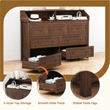 GlouMod Farmhouse 7-Drawer Dresser Chests for Bedroom, LED Dresser with Charging Station, Wood Rustic Tall Chest of Drawers, Brown GlouMod