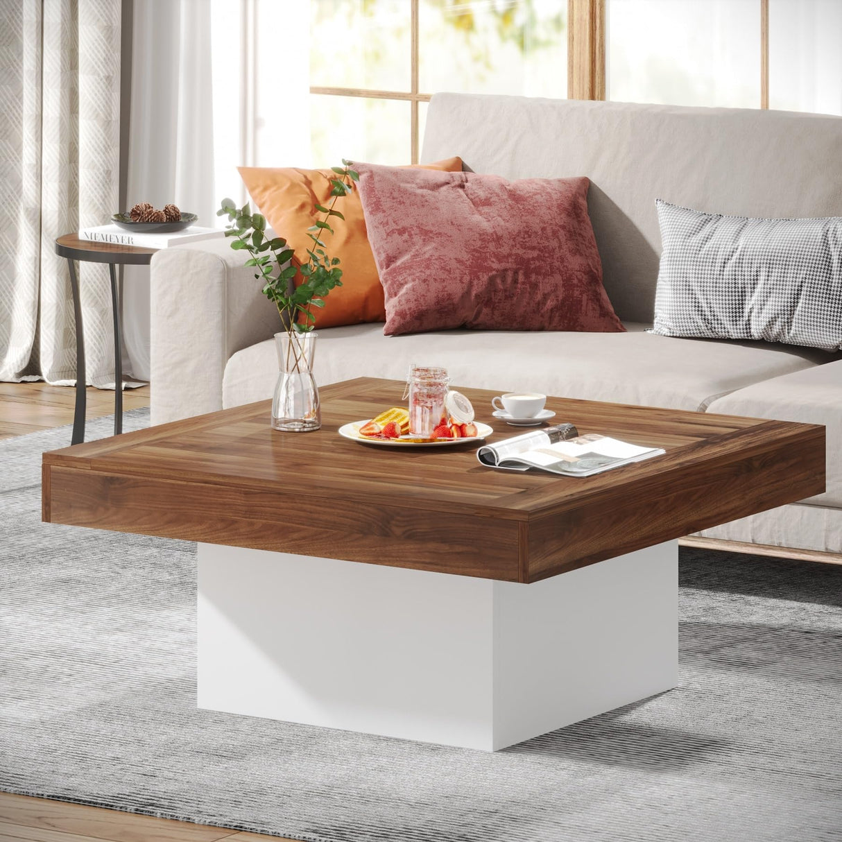 Bed Bath & Beyond Farmhouse Square LED Coffee Table Engineered Wood Coffee Table for Living Room Tan Bed Bath & Beyond