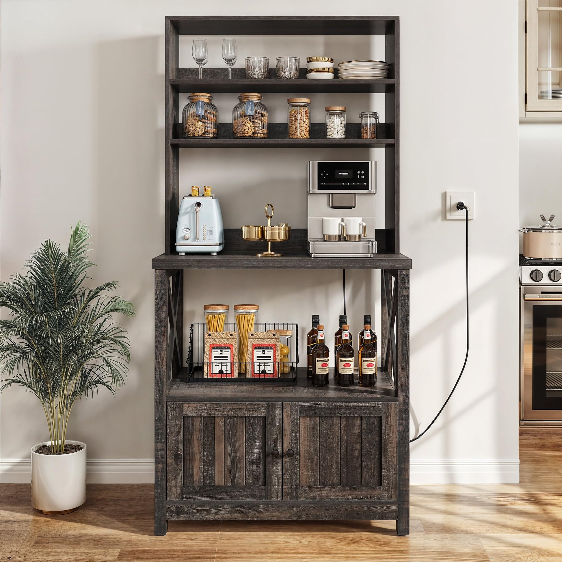 YITAHOME Rustic Oak Microwave Stand and Bakers Rack with Power Outlet and Storage Shelves - WoodArtSupply