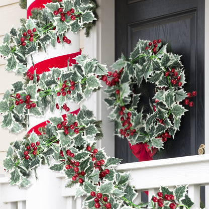 Whaline 2Pcs Christmas Artificial Garland, 15.7Ft Xmas Berry Holly Leaves Garland Christmas Faux Greenery Garland Winter Snowy Red Berries Hanging Vine for Christmas Wedding Party Home Decoration