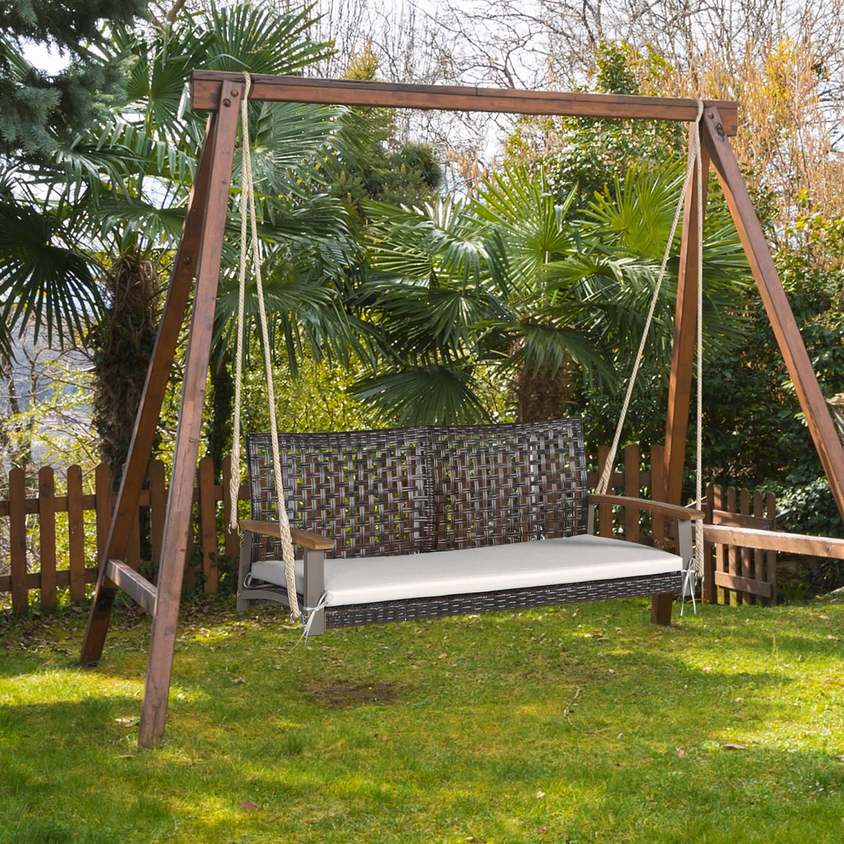 RELAX4LIFE 2-Seater Outdoor Porch Swing - PE Wicker Porch Loveseat Swing with 118” Hanging Ropes, Comfortable Cushion & Acacia Wood Armrests, Hanging Swing Bench for Porch, Garden, Yard (Off White) RELAX4LIFE