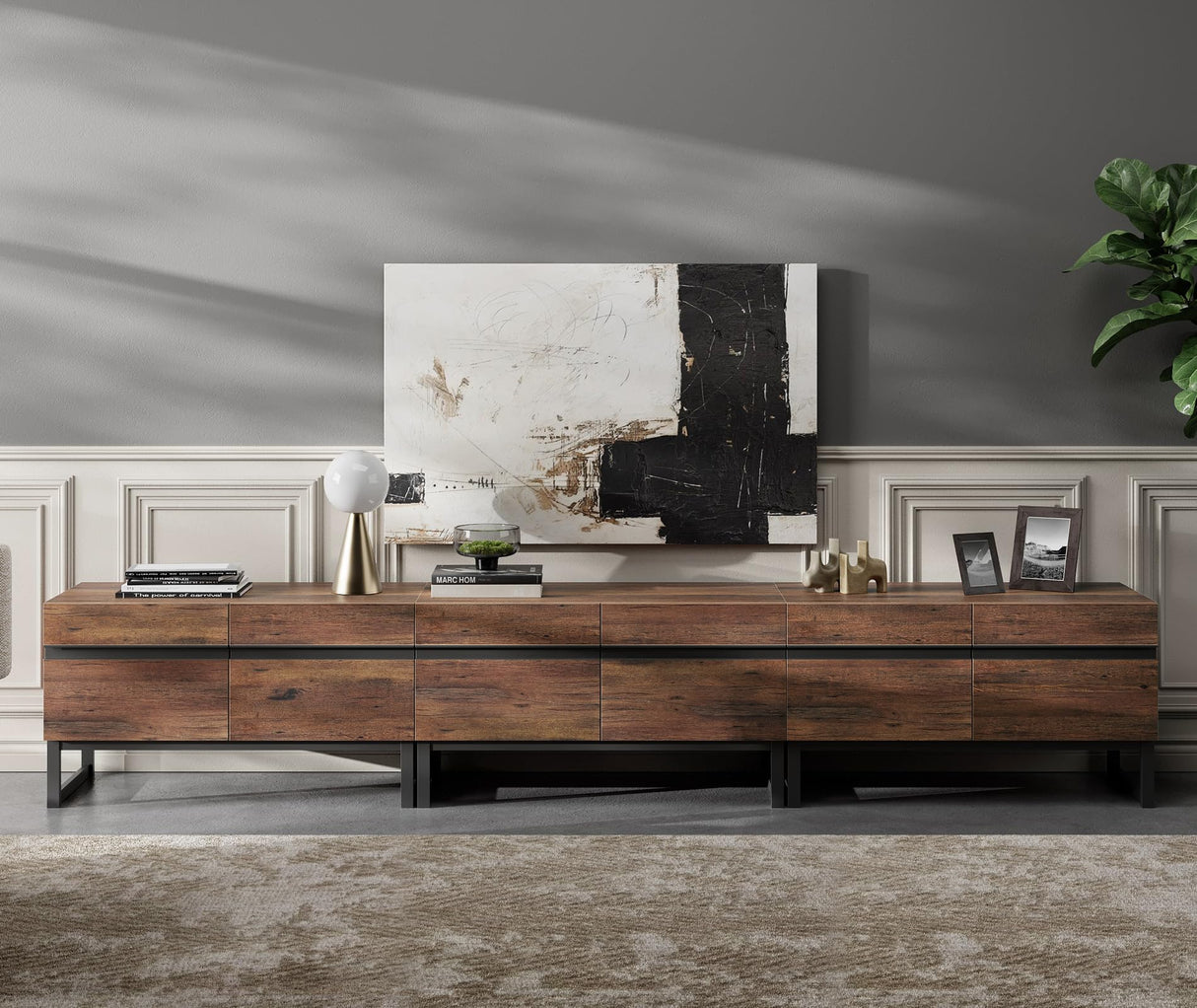 WAMPAT 3 in 1 Modern TV Stand for TVs up to 110 inch, Wood Entertainment Center TV Console with Storage Cabinets and Metal Base, Media Console for Living Room,Brown WAMPAT