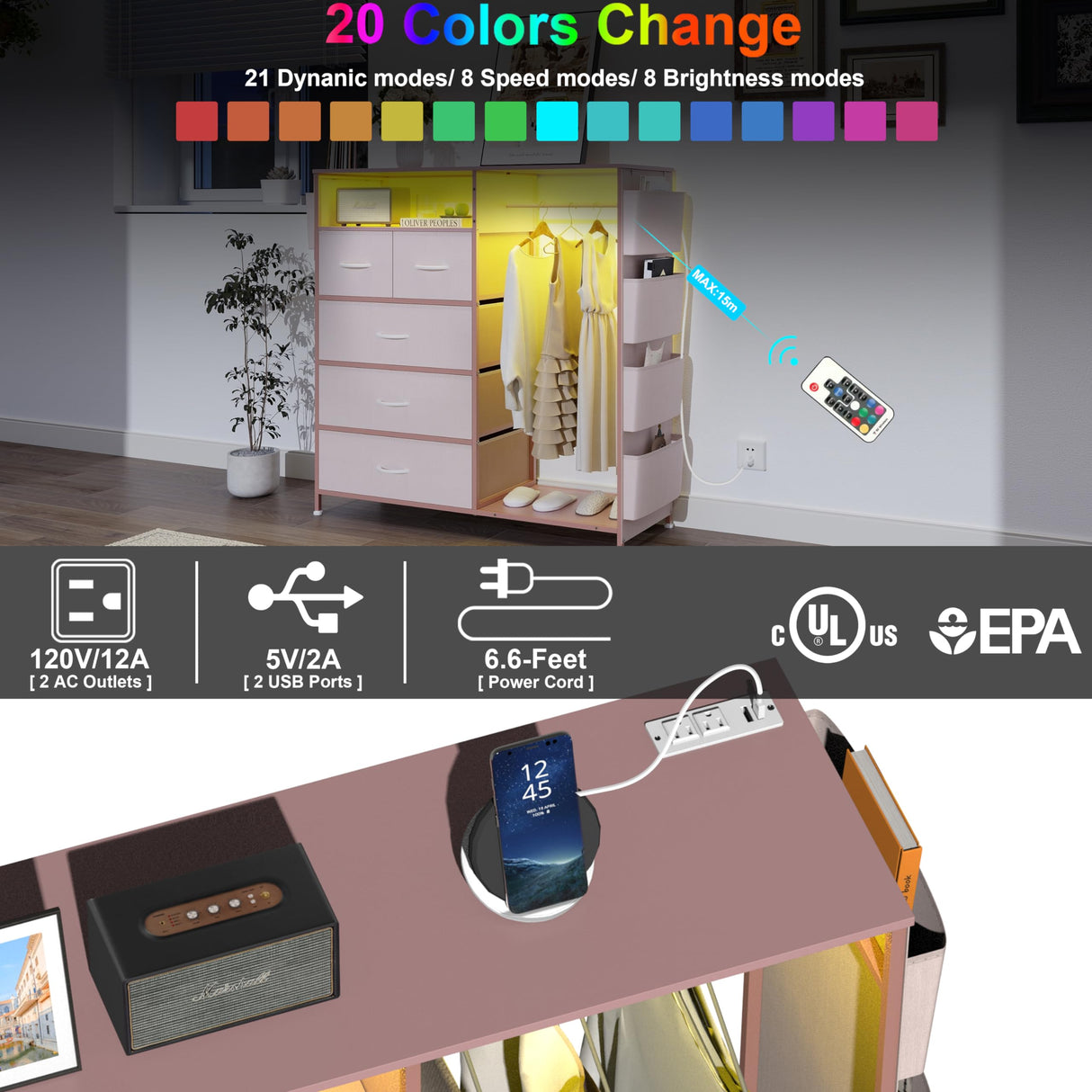 Espelism Dresser for Bedroom with Clothes Rack Side Pockets 5 Drawer Dresser with Charging Station LED Lights Black Storage Chest of Drawers for Hallway Closet Sturdy Steel Frame Wood Top (Pink) Espelism