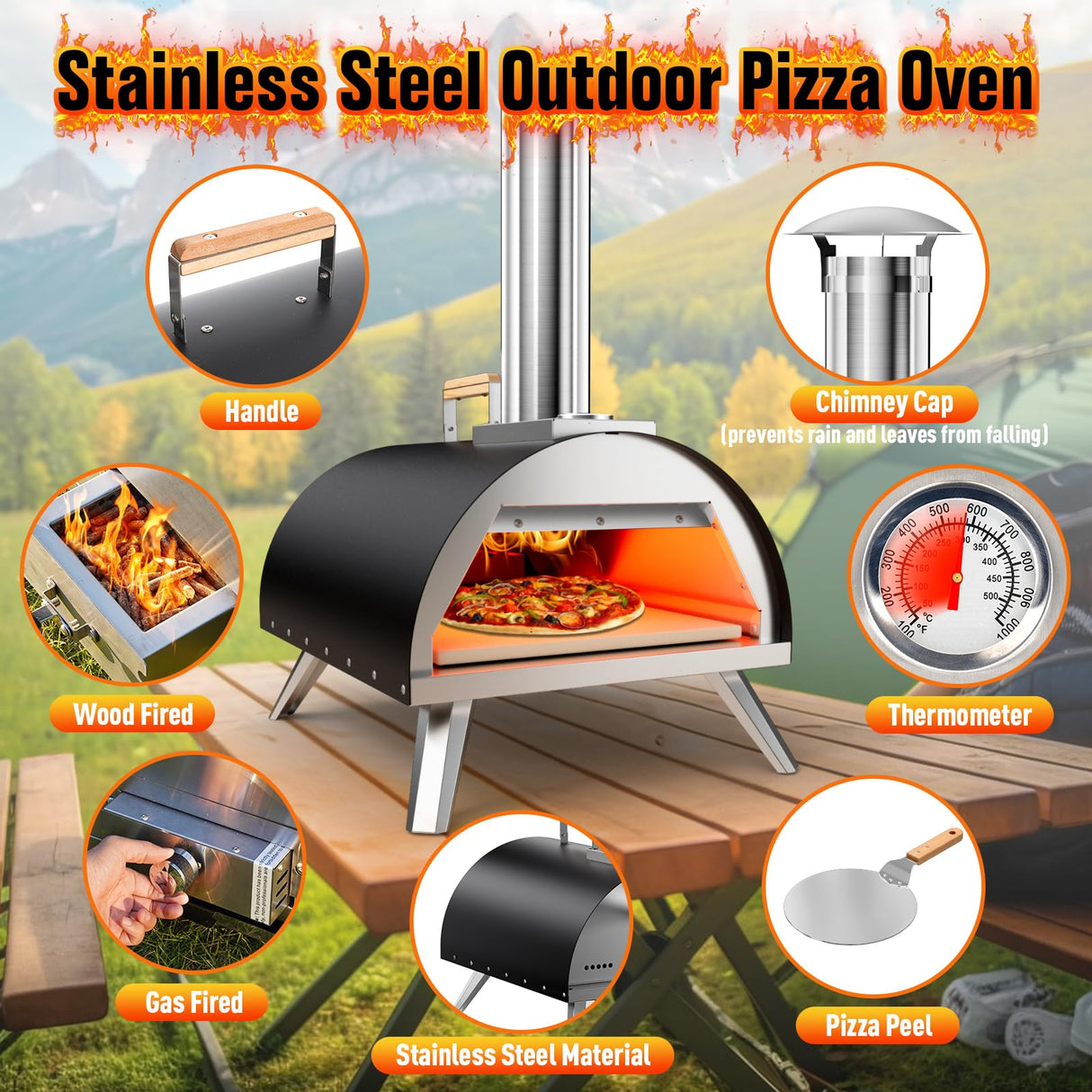 Multi-Fuel Pizza Oven Outdoor, 12" Portable Wood and Gas Fired Pizza Oven with Thermometer,Gas Hose & Pizza Stone,Heats up to 1000°F,Stainless Steel Pizza Oven for Backyard or Camping (Black) WOOCIT