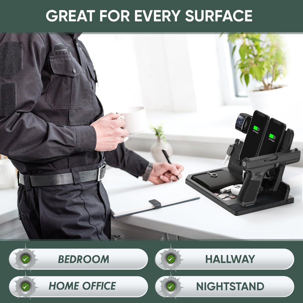 BARVA Adaptive Wood Gun Rack 2 Phone Docking Charging Station Gifts for Men Dad Birthday Ideas Nightstand Organizer Charging Dock Watch Charging Stand Wallet Key Gadget Device Bedroom Bedside Holder BarvA