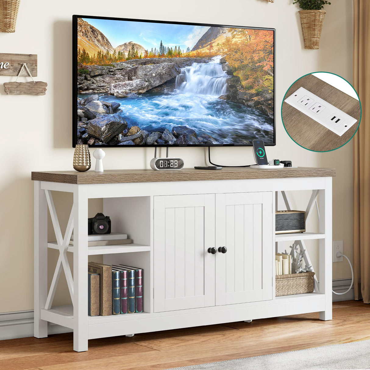 YITAHOME TV Stands for Living Room, Farmhouse Entertainment Center with Storage, Media Console TV Cabinet for 55 Inch TV with Adjustable Shelf & Open Shelves, Grey Wash &White YITAHOME