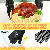 BBQ Gloves, 1472°F Heat Resistant Fireproof Mitts, Silicone Non-Slip Washable Oven Kitchen Gloves for Barbecue, Grilling, Cooking, Baking, Camping, Smoker (Black) KUWANI