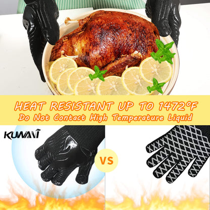 BBQ Gloves, 1472°F Heat Resistant Fireproof Mitts, Silicone Non-Slip Washable Oven Kitchen Gloves for Barbecue, Grilling, Cooking, Baking, Camping, Smoker (Black)