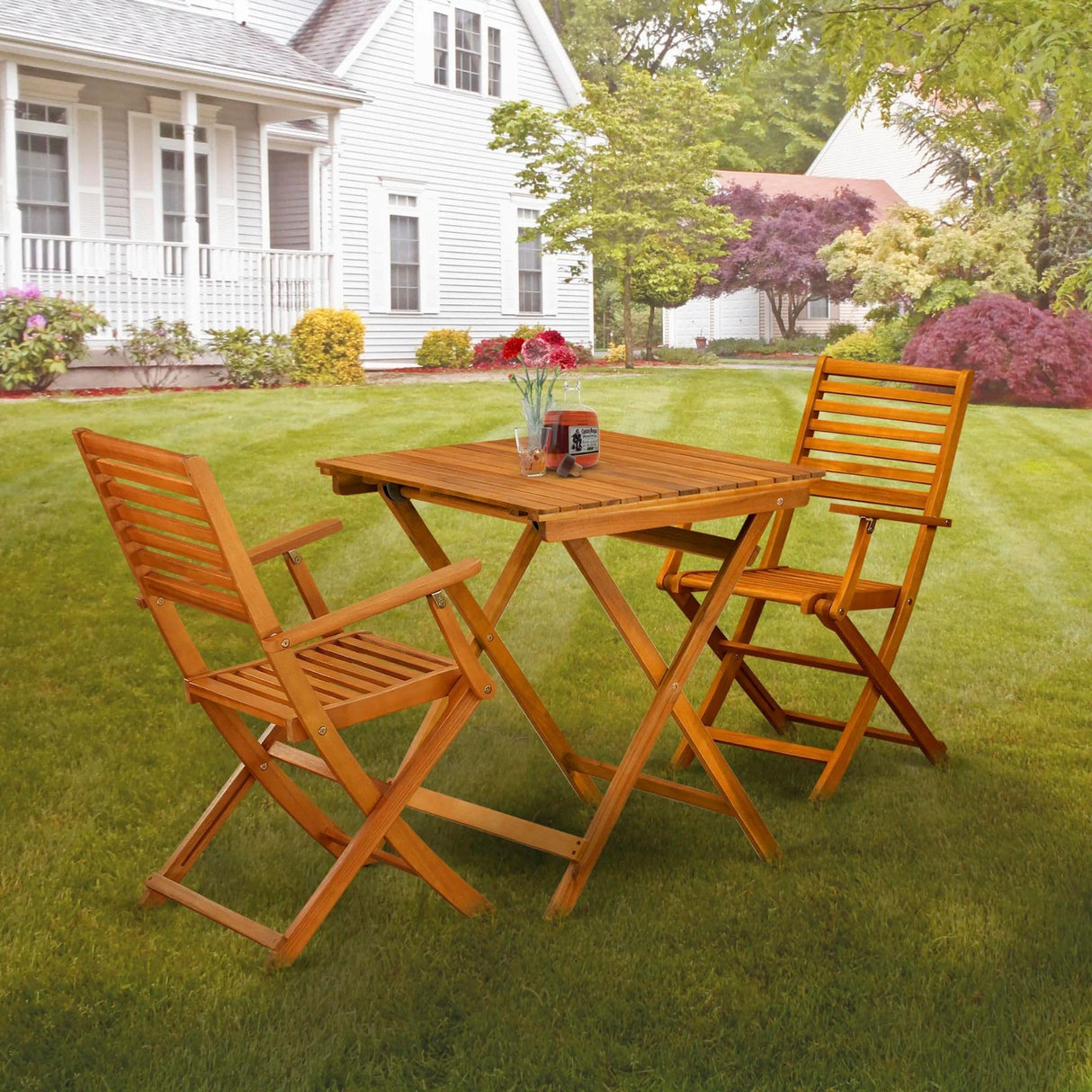 East West Furniture Selma 3 Piece Patio Bistro Outdoor Set Contains a Square Acacia Wood Coffee Table and 2 Folding Arm Chairs, 26x26 Inch, Natural Oil East West Furniture