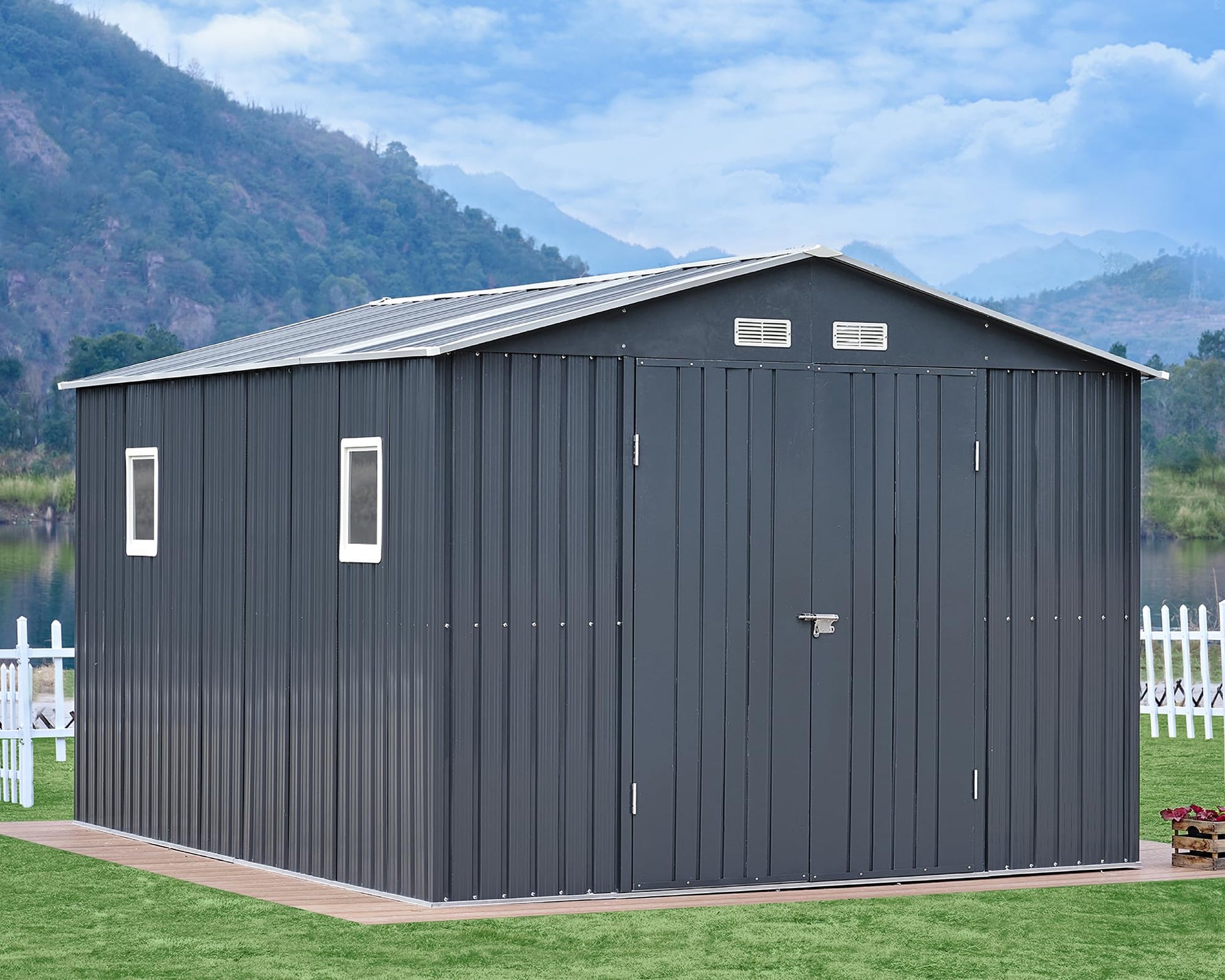 VanAcc 10x12x7.5 FT Outdoor Storage Shed, Metal shed with 2 Clear Panels Hinged Double Doors 4 Vents, Outdoor Shed for Backyard, Garden, Patio, Dark Grey/White - WoodArtSupply