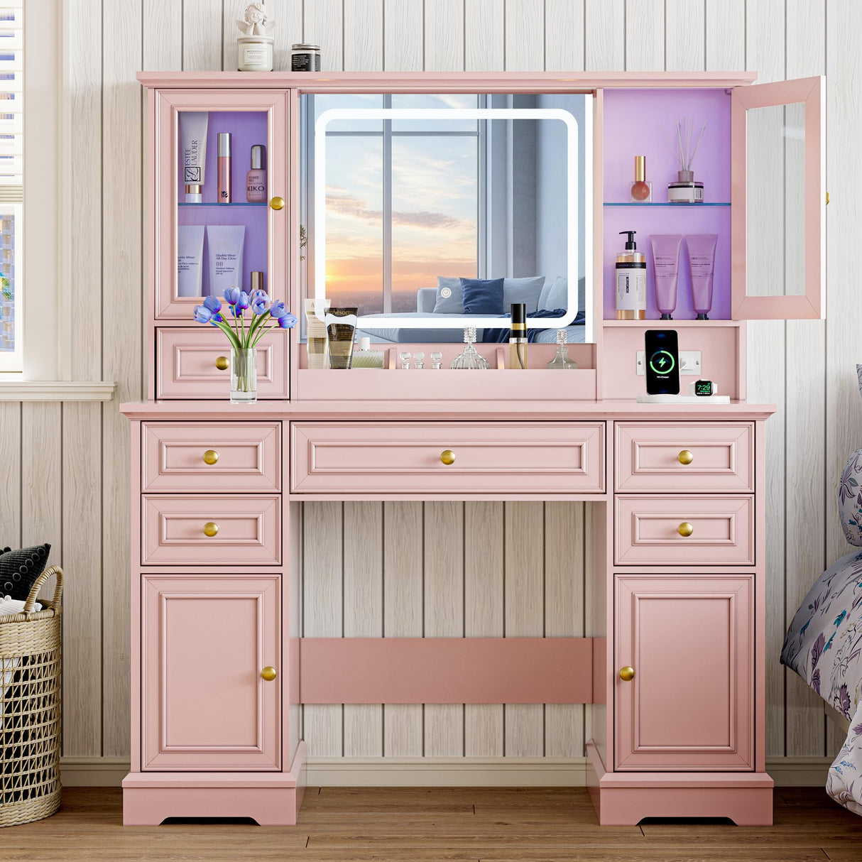 Vanity Desk with HD Lighted Mirror & Power Outlet, Farmhouse Makeup Vanity Table Set with Storage Drawers & RGB Cabinets, Large Dressing Table with 3 Lighting Modes for Women Girls Kids Bedroom, Pink Xixini