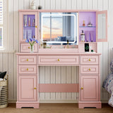 Vanity Desk with HD Lighted Mirror & Power Outlet, Farmhouse Makeup Vanity Table Set with Storage Drawers & RGB Cabinets, Large Dressing Table with 3 Lighting Modes for Women Girls Kids Bedroom, Pink Xixini