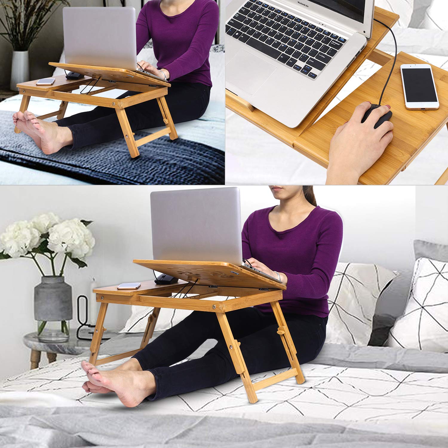 Bamboo Laptop Desk, Adjustable Portable Breakfast Serving Bed Tray with Tilting Top Drawer for Surfing Reading Writing Eating (Bamboo) - WoodArtSupply