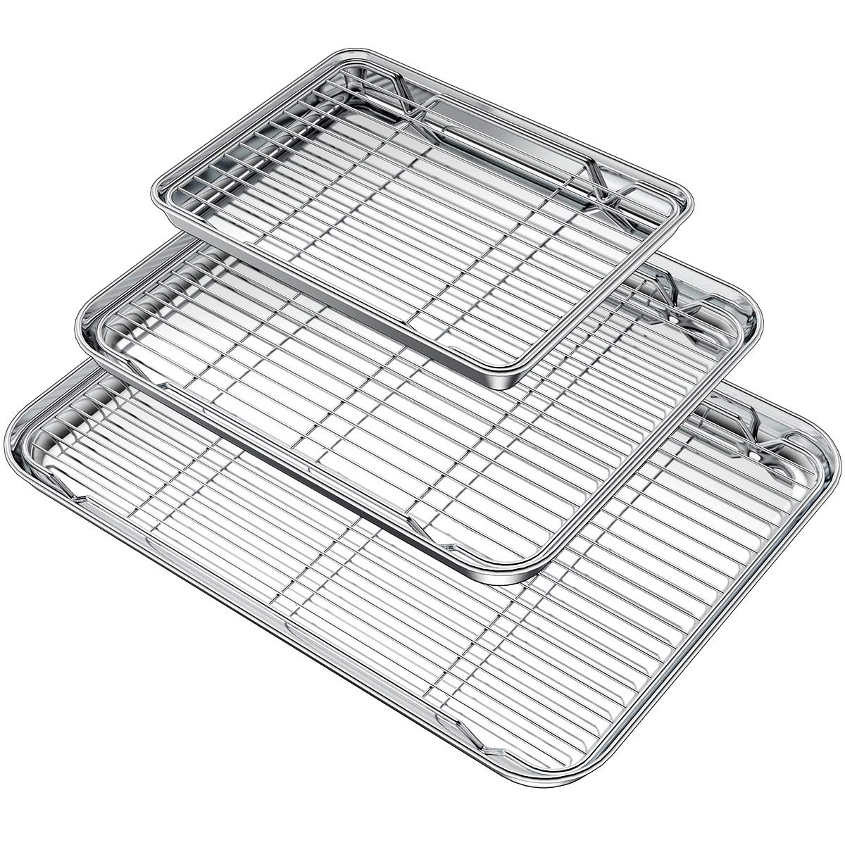 Wildone Baking Sheet with Rack Set (3 Pans + 3 Racks), Stainless Steel Baking Pan Cookie Sheet with Cooling Rack, Non Toxic & Heavy Duty & Easy Clean Wildone