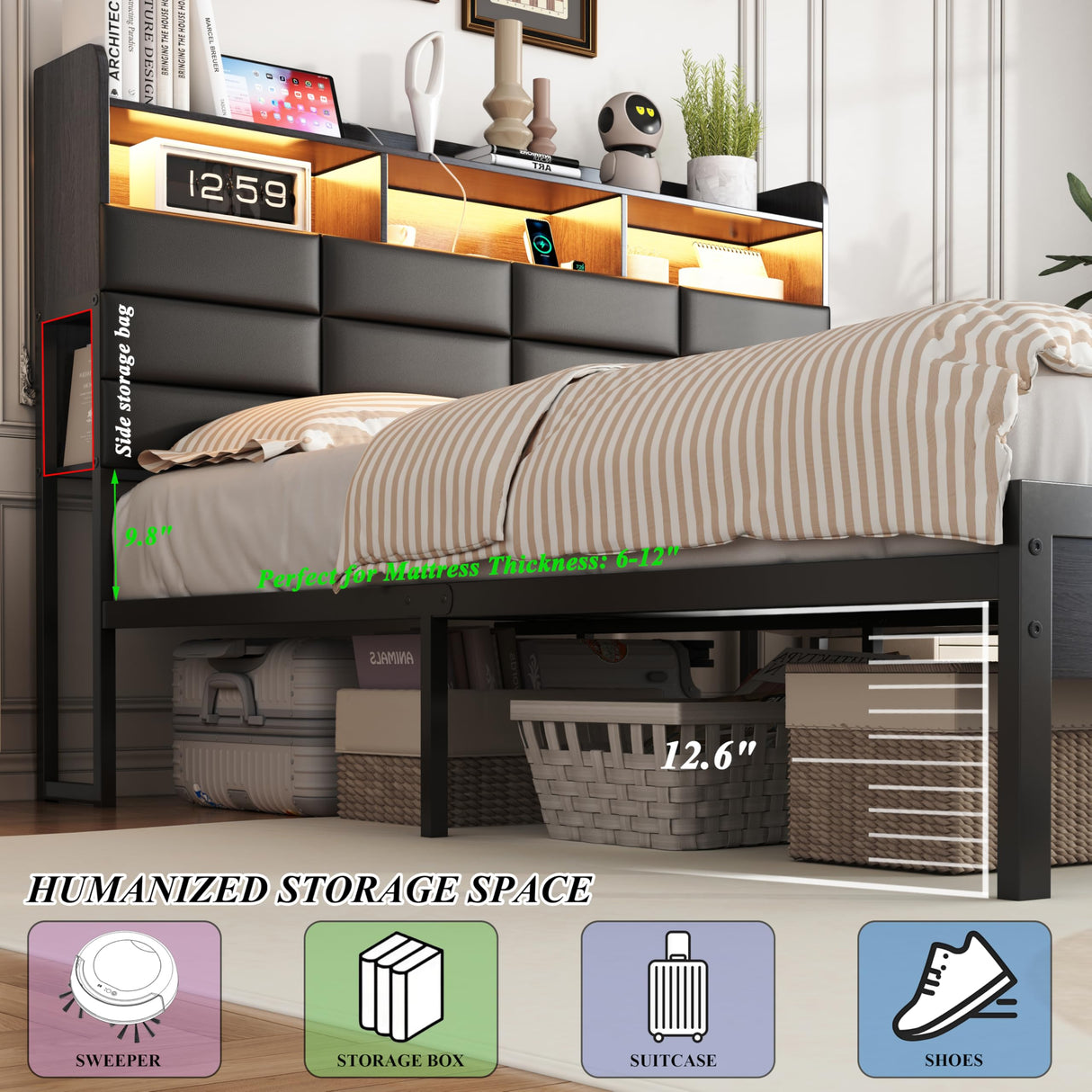 Etditrnp King Size Black Bed Frame with 2 Storage Drawers and Charging Station, Upholstered Bed Frame with PU Leather Headboard LED Lights, Metal Slats Support, No Box Spring Needed, Noise Free Etditrnp