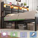 Etditrnp King Size Black Bed Frame with 2 Storage Drawers and Charging Station, Upholstered Bed Frame with PU Leather Headboard LED Lights, Metal Slats Support, No Box Spring Needed, Noise Free Etditrnp